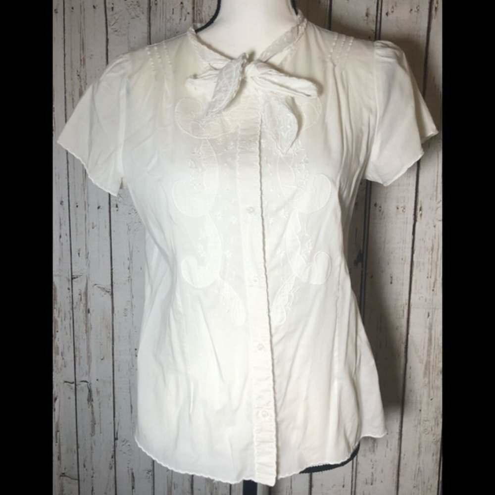 Gap White Embroidered Ascot Blouse With Tie Size S
